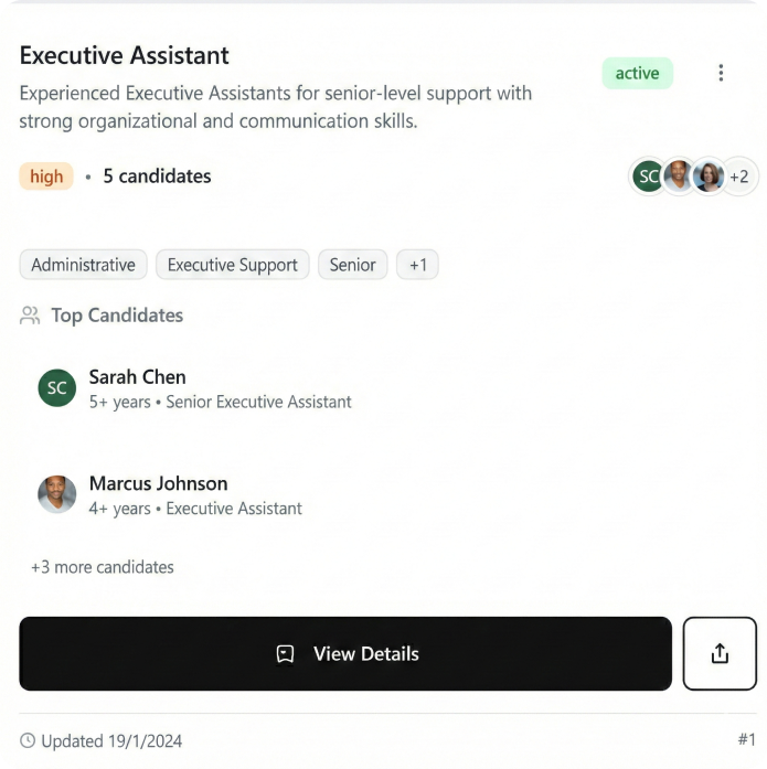 Job listing for Executive Assistant showing high priority with 5 candidates; top candidates Sarah Chen with 5+ years senior experience and Marcus Johnson with 4+ years experience; updated January 19, 2024.