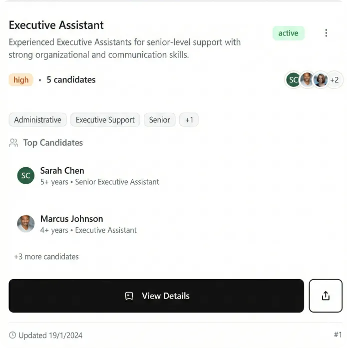 Job listing for Executive Assistant showing high priority with 5 candidates; top candidates Sarah Chen with 5+ years senior experience and Marcus Johnson with 4+ years experience; updated January 19, 2024.